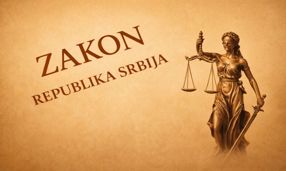 Prikaz zakona Republike Srbije uz simbol pravde, koji predstavlja pravni okvir i obaveze prilikom sklapanja ugovora o kupoprodaji stana