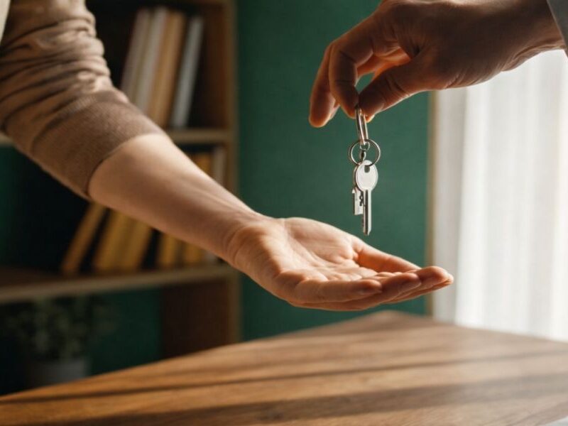 Jedna osoba predaje ključeve drugoj, simbolizujući završetak kupoprodaje i prenos vlasništva nad stanom
