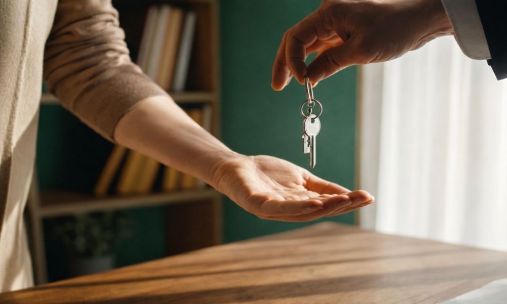 Jedna osoba predaje ključeve drugoj, simbolizujući završetak kupoprodaje i prenos vlasništva nad stanom