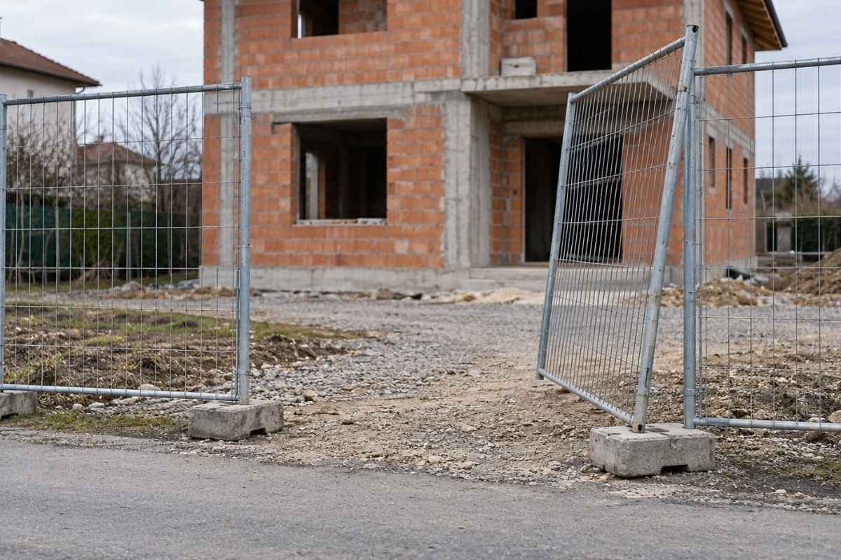 Pomeren panel mobilne gradilišne ograde ostavlja otvoren prolaz do porodične kuće u izgradnji.