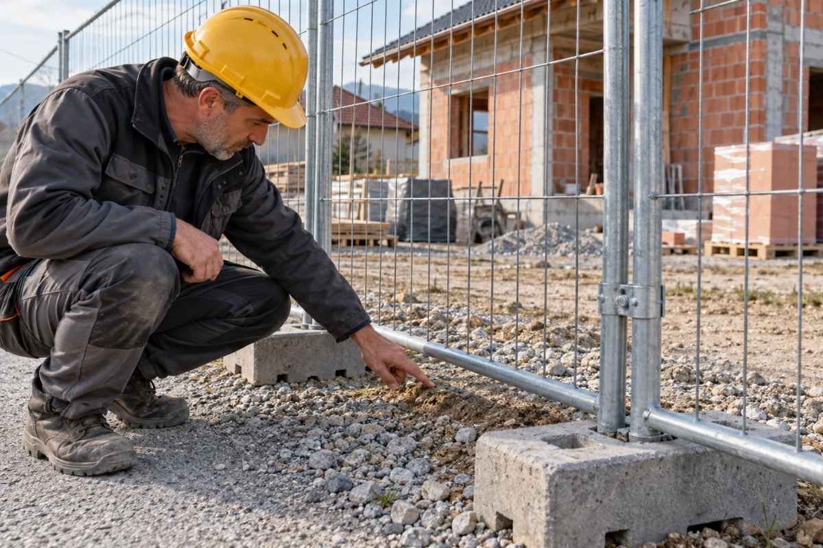 Radnik proverava razmak između donje ivice mobilne gradilišne ograde i tla.